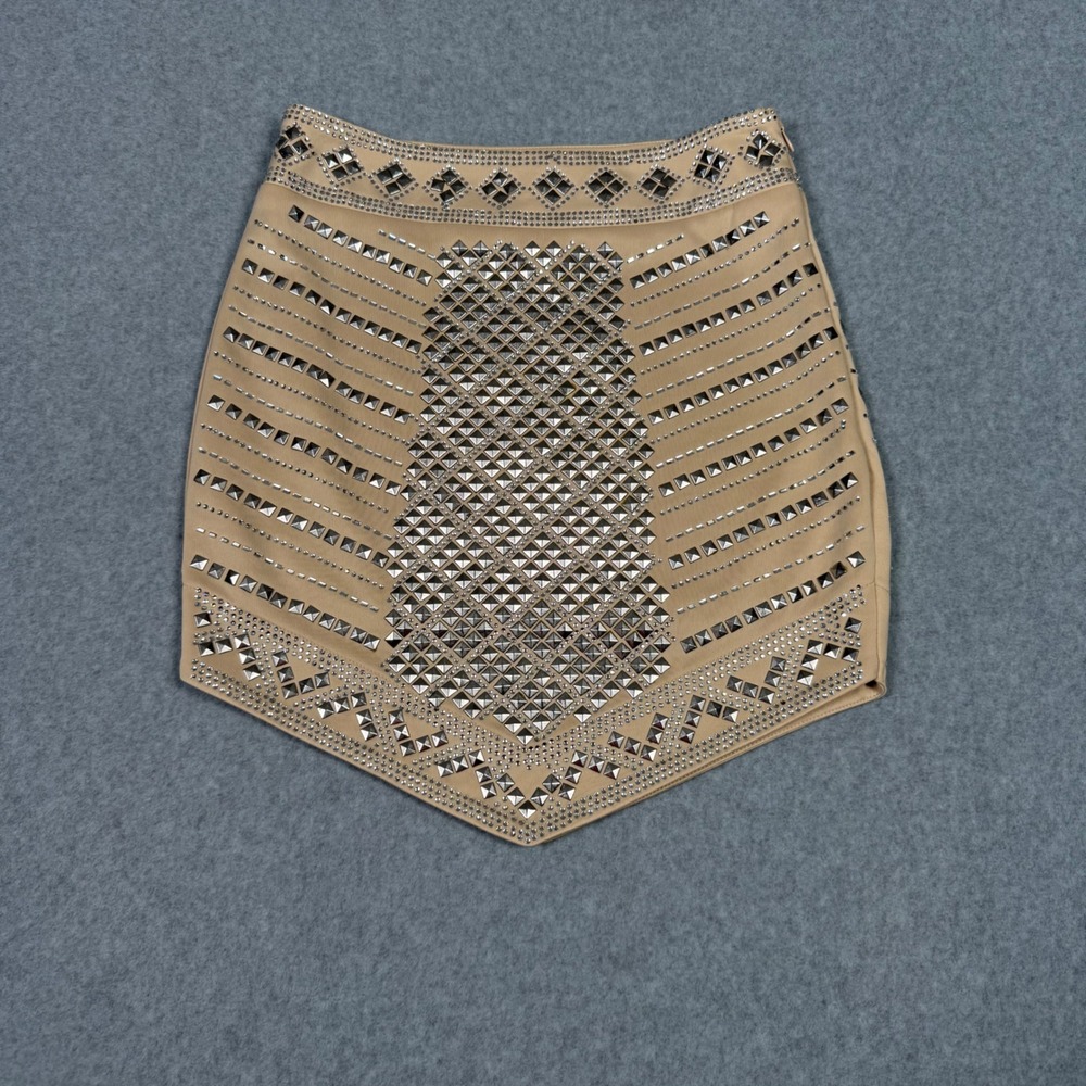 Main Strip Western Coastal Cowgirl Tan Studded Mini Skirt Silver V-Hem Small